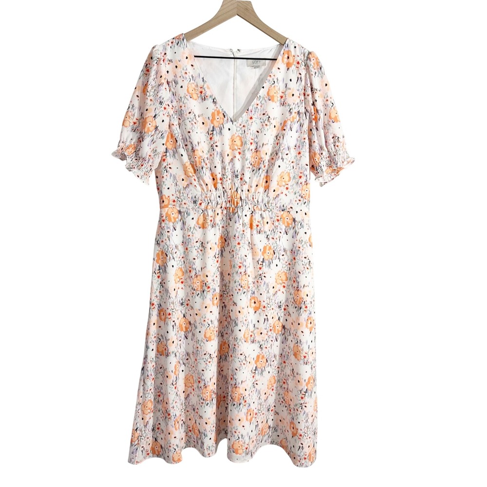 Loft Floral Print Short Sleeve‎ Cinched Waist Midi Dress White 12 Cottagecore